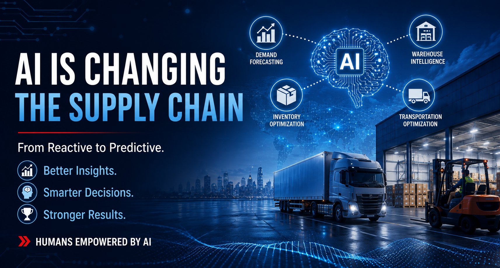 AI Is Changing the Supply Chain — Are You Ready? Demand forecasting, warehouse intelligence, inventory optimization, and transportation optimization powered by AI