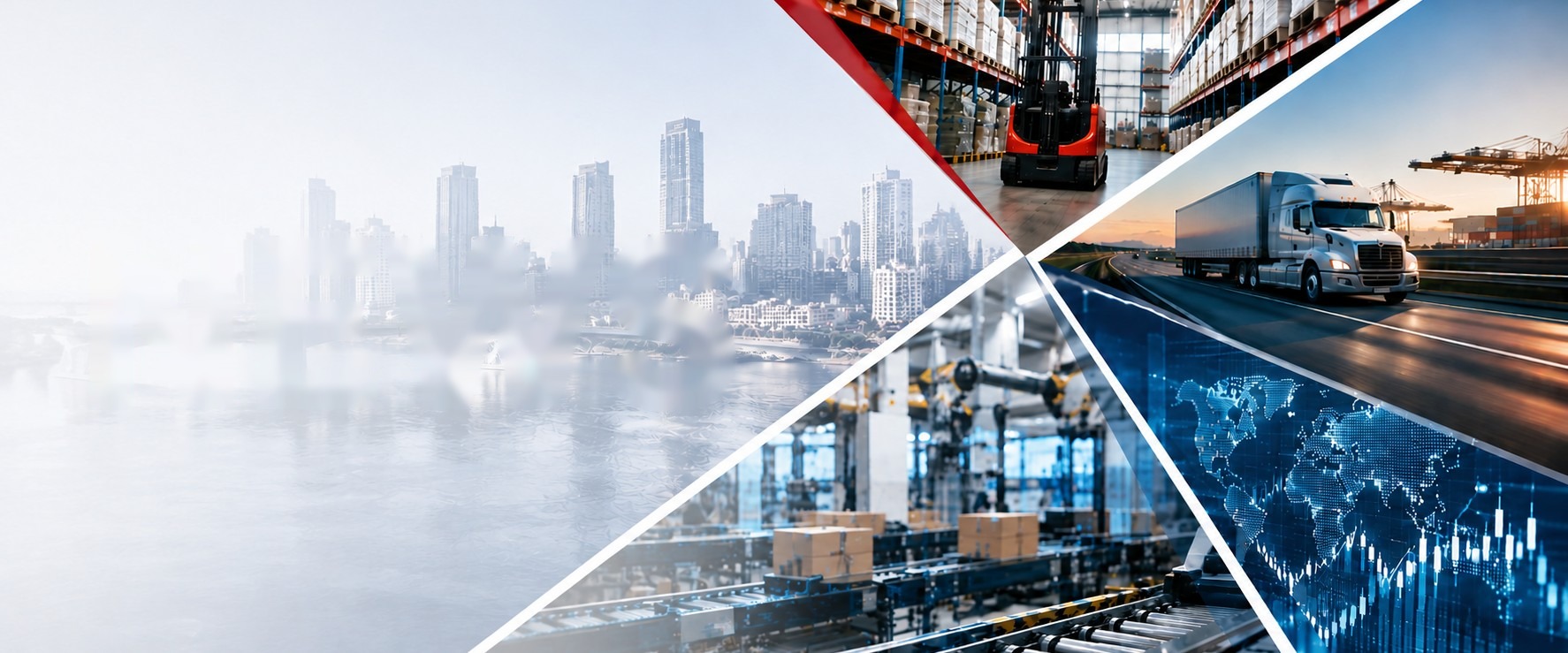 Collage of warehouse racking, freight trucking, and global logistics imagery