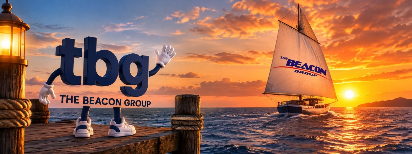 The tbg logo waving goodbye from a dock as a sailboat with the old Beacon Group logo sails into the sunset